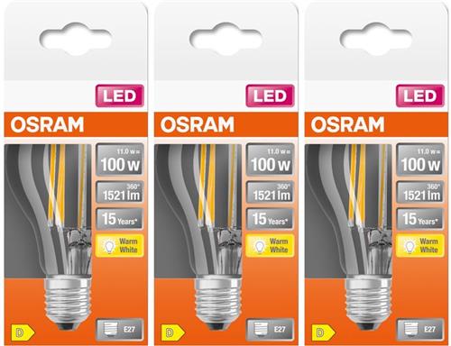 OSRAM LED lamp - Classic A 100 - E27 - filament - helder - 11W - 1521 lumen - warm wit - niet dimbaar - multipack 3 stuks