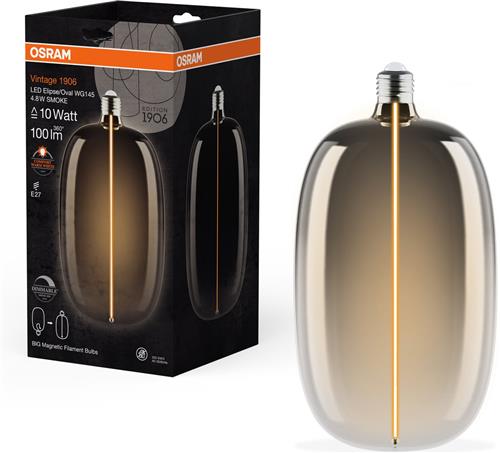 OSRAM Vintage 1906 Big Elipse Oval, dimbare LED-lamp met gloeidraad in ellipsvorm, biedt 4,8 W voor 100 lm, E27 fitting, smoke design, 145 mm diameter, kleurweergave CRI 80, 1800 K.