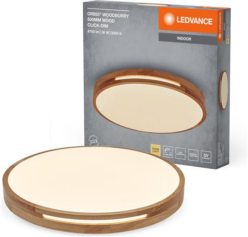 LEDVANCE ORBIS Woodburry LED wand-/plafondlamp met houtdecor, 36W, 1500lm, 3000K, 500mm diameter, 830 vriendelijk warm wit, IP20 bescherming, inclusief montageschroeven en pluggen