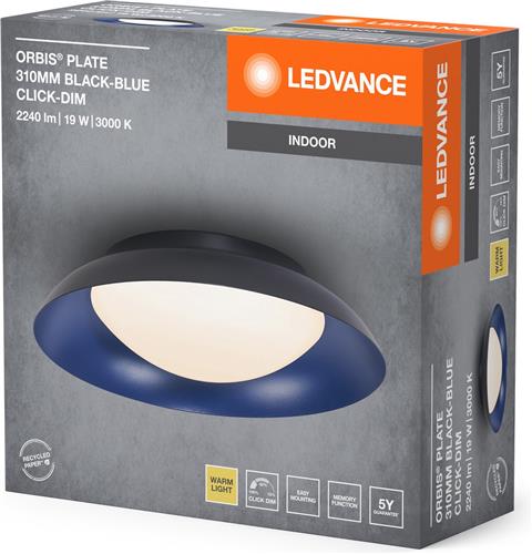 LEDVANCE Orbis Plate LED plafondlamp, zwart-blauw, 19W, 1000lm, 3000K, 310mm, 830 vriendelijk warm wit, dimbaar in 3 niveaus door te trappen, IP20 bescherming, inclusief montageschroeven en pluggen