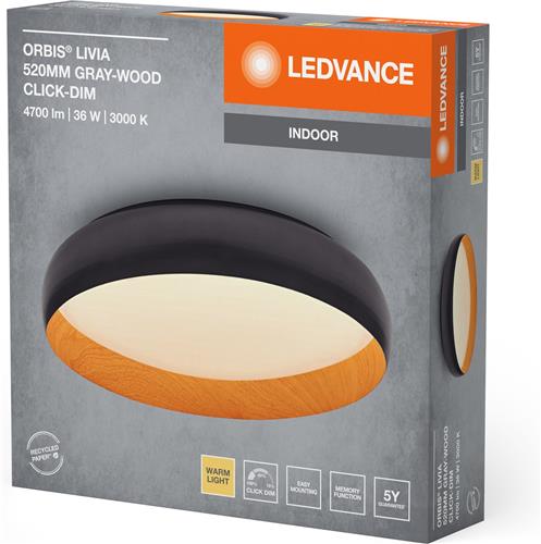 LEDVANCE ORBIS Livia LED plafondlamp met metalen ring, grijs/hout decor, 36W, 2000lm, 3000K, 520mm, 830 vriendelijk warm wit, dimbaar in 3 niveaus door te klikken, IP20, inclusief schroeven/pluggen