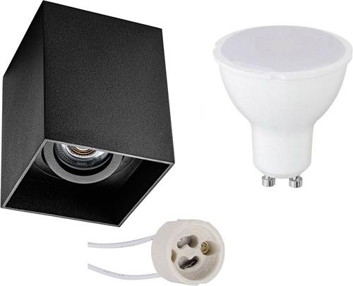 Opbouwspot Set - Pragmi Luxina Pro - GU10 Fitting - Dimbaar - Opbouw Vierkant - Mat Zwart - 6W - Helder/Koud Wit 6400K - Verdiept - Kantelbaar - 90mm