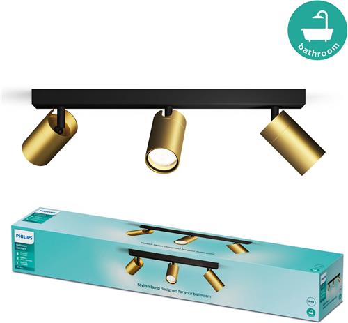 Philips Idris Spot - Plafondspot - Spatwaterdicht IP44 - 5W - Zwart met goud - Badkamerlamp - Drie lichtpunten - Alleen geschikt voor LED spots