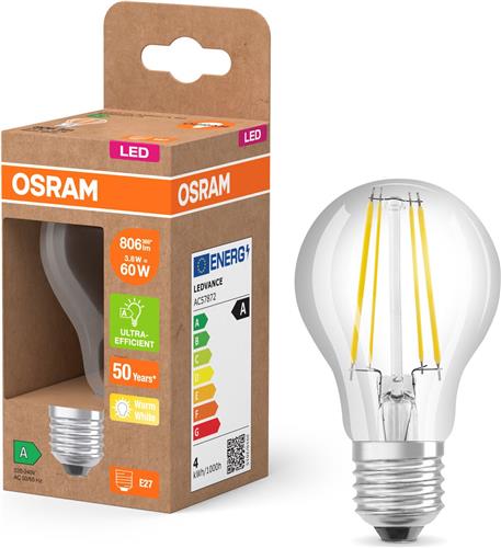 OSRAM LED Classic LED-lamp met gloeidraad in klassieke bolvorm, helder glasfilament, 3,8 W, E27 fitting, EEK A, 806 lm voor algemene verlichting.