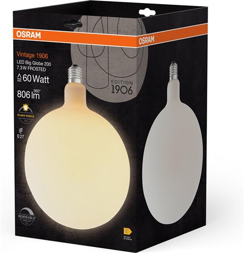 OSRAM Vintage 1906 Big Globe, dimbare lamp met LED-technologie in decoratief filamentontwerp, biedt 7,3 W voor 806 lm, E27 fitting, mat ontwerp, 200 mm diameter, CRI 80.