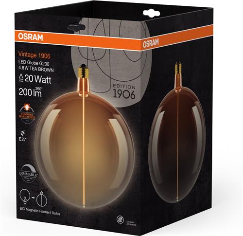 OSRAM Vintage 1906 Big Globe, dimbaar, decoratieve lamp met LED-filamentmagneettechnologie, biedt 4,8 W voor 200 lm, E27 fitting, theebruin glas, 200 mm diameter, CRI 80.
