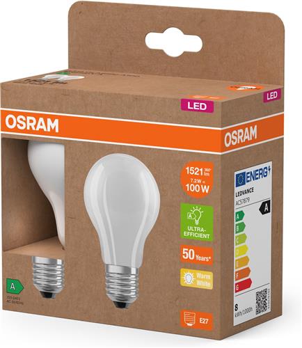 OSRAM LED Superstar Classic LED-lamp A 100 in klassieke bolvorm van matglas, 7,2 W, 1521 lm, E27 fitting, 2700 K voor warm wit licht, EEK A, diameter 60 mm.