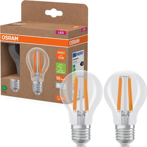 OSRAM Energy Class LED-lamp in klassieke gloeilampvorm, 5 W / 1055 lm, EEK A, koud wit licht (4000 K), CRI 80, gemaakt van helder gekleurd loodvrij glas, E27 fitting, IP20, 60 mm diameter.