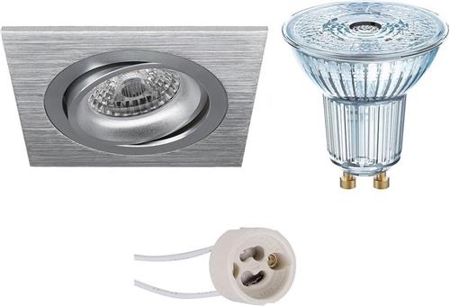 LED Spot Set - OSRAM Parathom PAR16 930 36D - Pragmi Borny Pro - GU10 Fitting - Dimbaar - Inbouw Vierkant - Mat Zilver - 3.7W - Warm Wit 3000K - Kantelbaar - 92mm