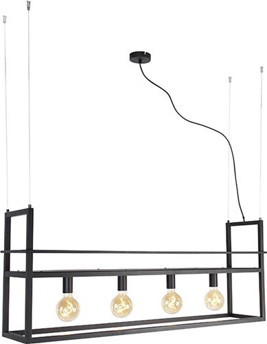 QAZQA cage rack - Industriele LED Smart Hanglamp eettafel incl. wifi voor boven de eettafel | in eetkamer - 4 lichts - L 118 cm - Zwart - Industrieel - Woonkamer | Slaapkamer | Keuken