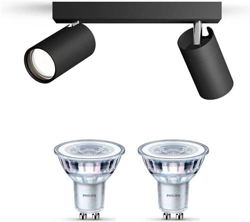 Philips Idris Opbouwspot voor Badkamer (Zwart) - Badkamerlamp - Warmwit Licht - Plafondspot met 2 Lichtpunten - GU10 - Niet Dimbaar