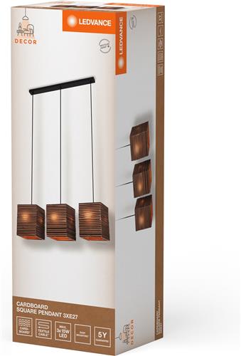 LEDVANCE hanglamp 3-lamps Decor Cardboard Vierkant bruin van golfkarton, E27, 830 mm lengte, lampenkap van gerecycled materiaal, duurzaam dankzij vervangbare lichtbron, eenvoudig te installeren