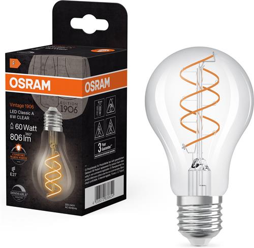OSRAM Vintage 1906 Klassieke, warmwitte, dimbare LED-lamp in bolvorm met spiraalvormige gloeidraad, biedt 8 W voor 806 lm, E27 fitting, helder gekleurd glas, 60 mm diameter, 2200 K.
