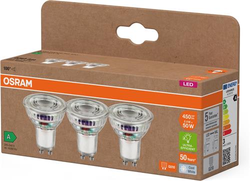 OSRAM Energieklasse LED-reflectorlamp PAR16 met 2,5 W, 450 lm, koud wit (4000 K) gemaakt van loodvrij glas met GU10 voet in energie-efficiëntieklasse A, 50 mm diameter, IP20.