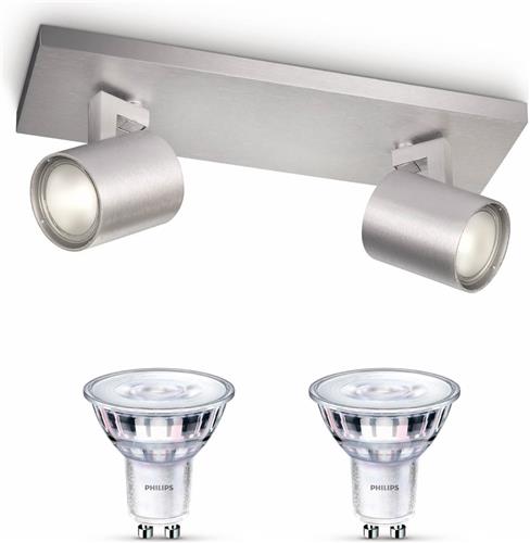 Philips Runner Opbouwspot (Aluminium) - Warmwit Licht - Plafondspot met 2 Lichtpunten - GU10 - SceneSwitch - Eenvoudig Dimbaar met Je Klassieke Schakelaar