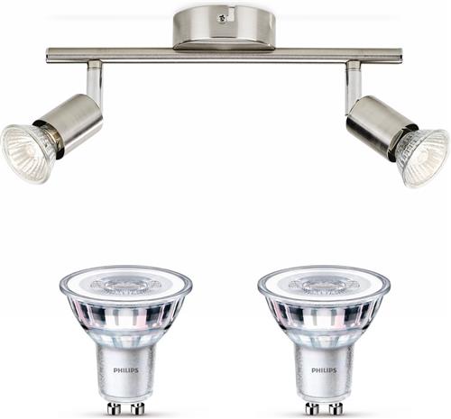 Philips Limbali Opbouwspot met GU10-fitting & Philips LED Spot GU10 50W - LED - Spotjes Opbouw - 2 Lichtpunten - Nickel
