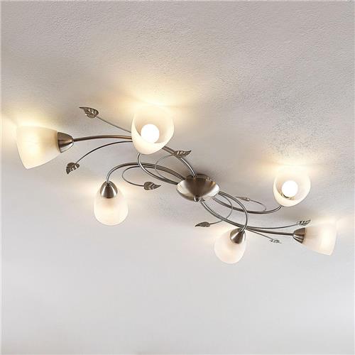Lindby - plafondlamp - 6lichts - metaal, glas - H: 13 cm - E14 - nikkel, wit