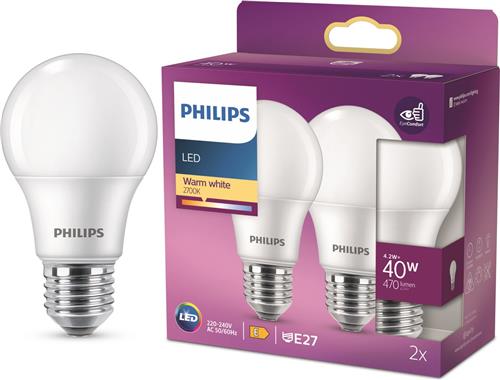 Energiezuinige Philips LED Lamp Mat - 40 W - E27 - warmwit licht - 2 stuks - Bespaar op energiekosten