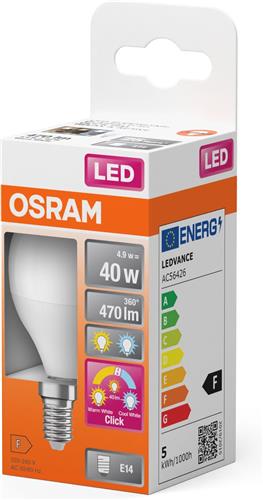 OSRAM LED Superstar Klassieke LED-lamp in minibolvorm met drie lichtscènes Relax, Actief, Slaap, gemaakt van mat kunststof, 4,9W, E14 fitting, kleurtemperatuur 2700-4000 K, regelbaar via wandschakelaar.