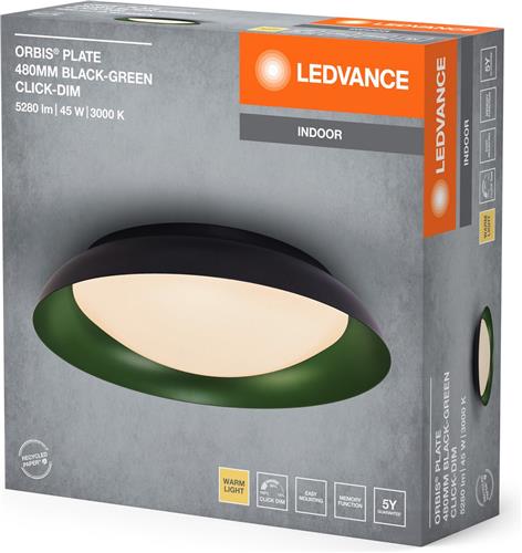 LEDVANCE Orbis Plate LED plafondlamp, zwart-groen, 45W, 2200lm, 3000K, 480mm, 830 vriendelijk warm wit, dimbaar in 3 niveaus door te trappen, IP20 bescherming, inclusief montageschroeven en pluggen