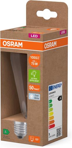 Osram LED lamp in classic globe shape, with decorative LED filament in frosted design, energy efficiency class A, E27, 7.2 W, 1521 lm, 6500 K, daylight white. 100% light straight away.