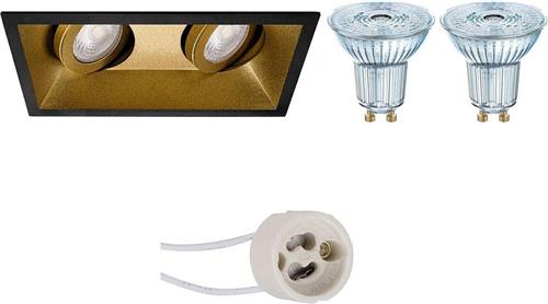 LED Spot Set - OSRAM Parathom PAR16 930 36D - Pragmi Zano Pro - GU10 Fitting - Dimbaar - Inbouw Rechthoek Dubbel - Mat Zwart/Goud - 3.7W - Warm Wit 3000K - Kantelbaar - 185x93mm