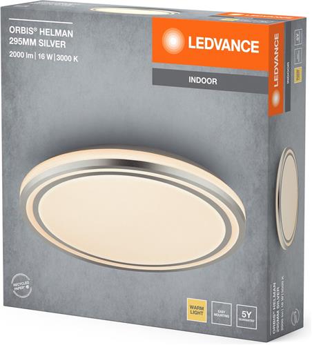 LEDVANCE ORBIS Helman plafondlamp met LED, wit/zilver, 16W, 1100lm, 3000K, 830 vriendelijk warm wit, 295mm diameter, inclusief montageschroeven en pluggen