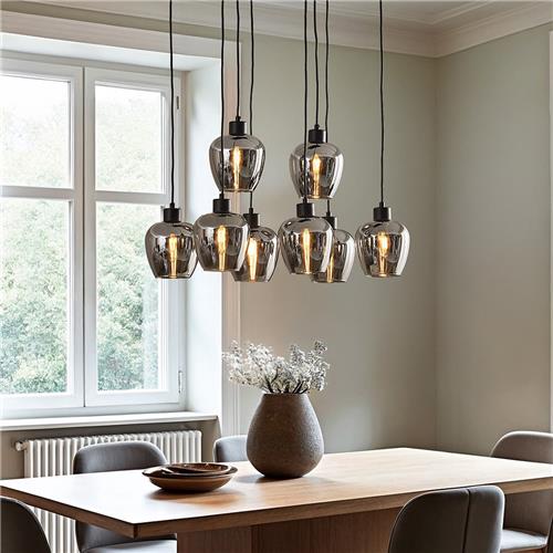 8-lichts hanglamp zwart met smoke grijs glas - Sidney