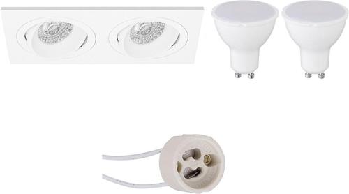LED Spot Set - Pragmi Borny Pro - GU10 Fitting - Dimbaar - Inbouw Rechthoek Dubbel - Mat Wit - 6W - Natuurlijk Wit 4200K - Kantelbaar - 175x92mm