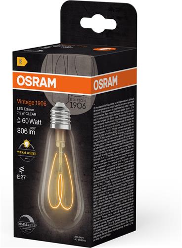 OSRAM Vintage 1906 Edison, warmwitte, dimbare LED-lamp in Edison-lampvorm met gloeidraad, biedt 7,2 W voor 806 lm, E27-fitting, helder gekleurd glas, 64 mm diameter, 2700 K, EEK E.