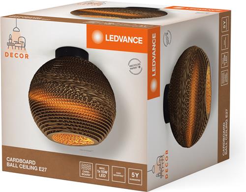 LEDVANCE plafondlamp Decor Cardboard Ball bruin van golfkarton, lichtgewicht, E27, 260 mm diameter, lampenkap van gerecycled materiaal, duurzaam dankzij vervangbare lichtbron, eenvoudig te installeren