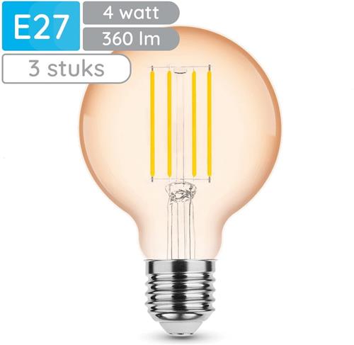 Modee E27 LED Lamp 4W - 360lm - 1800K - Warm Wit - LED Filament Amber Globe G80 - Vervangt 33W Halogeen Gloeilamp - 3 stuks