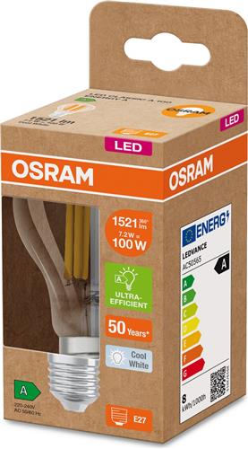 Osram Classic LED E27 Peer Filament Helder 7.2W 1521lm Ultra Efficiency - 840 Koel Wit | Vervangt 100W