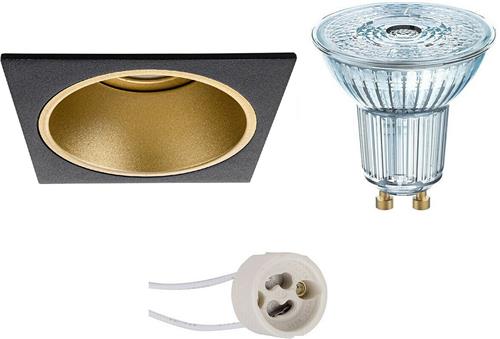 LED Spot Set - OSRAM Parathom PAR16 930 36D - Pragmi Minko Pro - GU10 Fitting - Dimbaar - Inbouw Vierkant - Mat Zwart/Goud - 3.7W - Warm Wit 3000K - Verdiept - 90mm