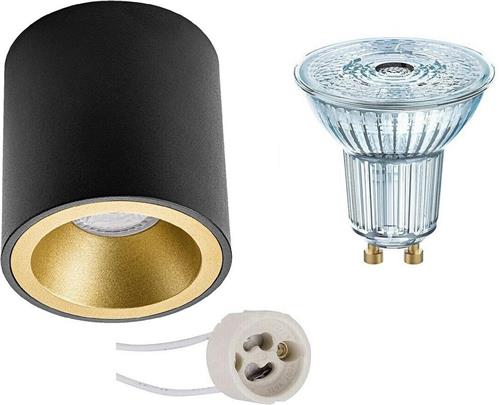 Opbouwspot Set - OSRAM Parathom PAR16 930 36D - Pragmi Cliron Pro - GU10 Fitting - Dimbaar - Opbouw Rond - Mat Zwart/Goud - 3.7W - Warm Wit 3000K - Verdiept - Ø90mm