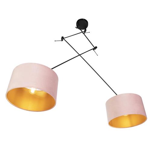 QAZQA blitz - Landelijke Hanglamp met kap - 2 lichts - L 750 mm - Zwart Goud - Woonkamer | Slaapkamer | Keuken
