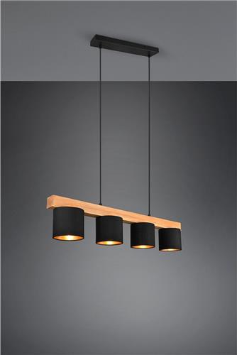 LED Hanglamp - Hangverlichting - Trion Camo - E14 Fitting - 4-lichts - Rechthoek - Mat Zwart/Goud - Hout
