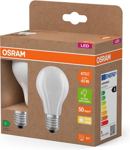 OSRAM LED Superstar Classic LED-lamp A 40 in klassieke bolvorm van matglas, 2,2 W, 470 lm, E27 fitting, warm wit licht met 2700 K, EEK A, 60 mm diameter.