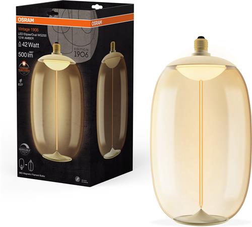 OSRAM Vintage 1906 Big Elipse Oval, dimbare LED-lamp gemaakt van kunststof met gloeidraad in de vorm van een ellips, biedt 12 W, 500 lm, E27 fitting, amberkleurig ontwerp, 200 mm diameter, CRI 80, 1800 K.