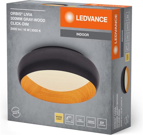 LEDVANCE ORBIS Livia LED plafondlamp met metalen ring, grijs/hout decor, 16W, 750lm, 3000K, 300mm, 830 vriendelijk warm wit, dimbaar in 3 niveaus door te klikken, IP20, inclusief schroeven/pluggen