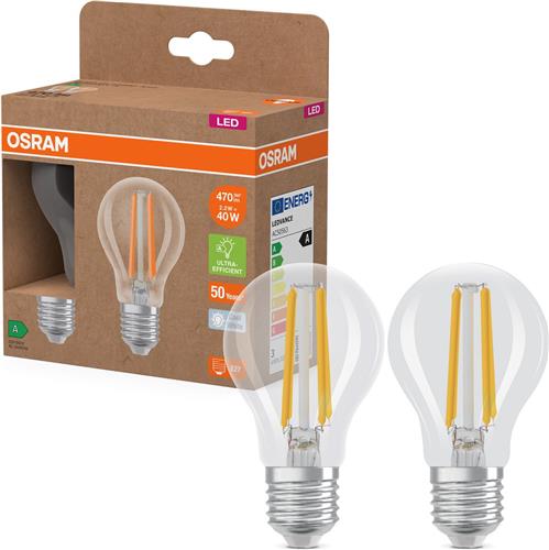 OSRAM Energy Class LED-lamp in klassieke gloeilampvorm, 2,2 W / 470 lm, EEK A, koud wit licht (4000 K), CRI 80, gemaakt van helder gekleurd loodvrij glas, E27 fitting, IP20, 60 mm diameter.