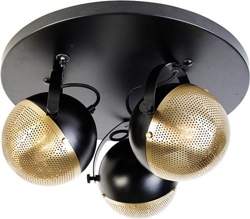 QAZQA haicha - Industriele Plafondspot | Spotje | Opbouwspot - 3 lichts - Ø 51 cm - Zwart Goud - Industrieel - Woonkamer | Slaapkamer | Keuken