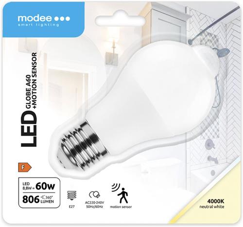 Modee Smart E27 LED Lamp 8.8W Bewegingssensor - 806lm - 4000K - Neutraal Wit - Globe A60 - Vervangt 60W Halogeen Gloeilamp