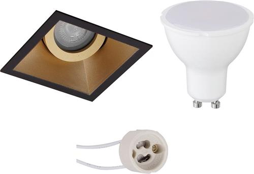 LED Spot Set - Pragmi Zano Pro - GU10 Fitting - Dimbaar - Inbouw Vierkant - Mat Zwart/Goud - 6W - Warm Wit 3000K - Kantelbaar - 93mm