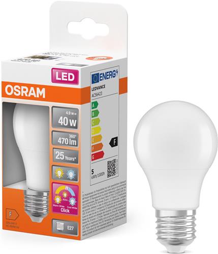 OSRAM LED Superstar Klassieke LED-lamp in bolvorm met drie lichtscènes Relax, Actief, Slaap, gemaakt van mat kunststof, 4,9W, E27 fitting, kleurtemperatuur 2700-4000 K, regelbaar via wandschakelaar.