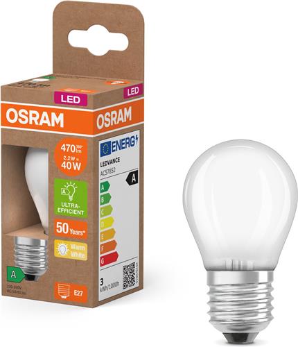 OSRAM LED Superstar Classic LED-lamp P 40 in klassieke minibolvorm van matglas, 2,2 W, 470 lm, E27 fitting, warm wit licht met 2700 K, EEK A, 45 mm diameter.