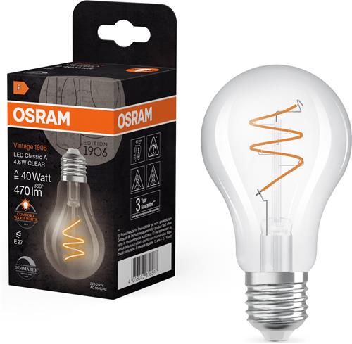 OSRAM Vintage 1906 Klassieke, warmwitte, dimbare LED-lamp in bolvorm met spiraalvormige gloeidraad, biedt 4,6 W voor 470 lm, E27 fitting, helder gekleurd glas, 60 mm diameter, 2200 K.