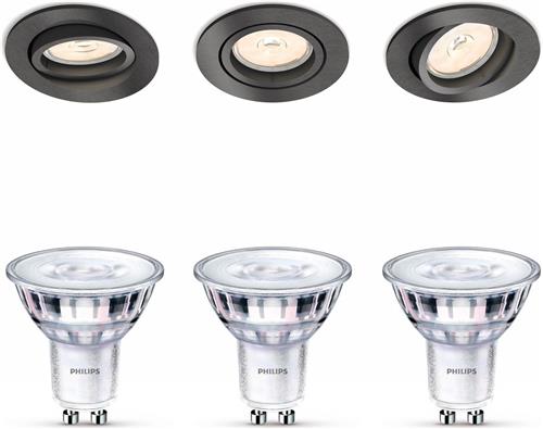 Philips Donegal Set van 3 Inbouwspots (Antraciet) - Rond - GU10 - Warmwit Licht - SceneSwitch - Eenvoudig Dimbaar met Je Klassieke Schakelaar