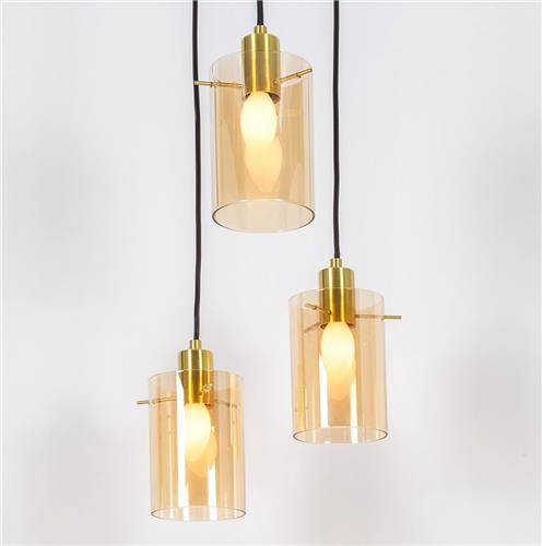 Moderne mat zwarte met zand gouden hanglamp met amberkleurig glas 3-lichts - Arlington