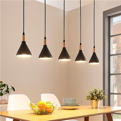 Lindby - hanglamp - 5lichts - metaal, hout - E14 - zwart, licht hout
